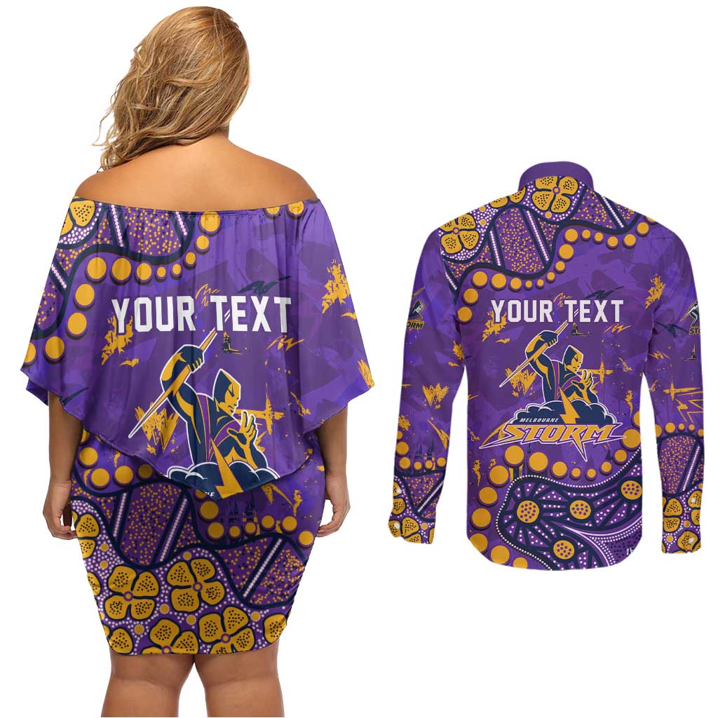 Personalized Melbourne Storm Couples Matching Off Shoulder Short Dress and Long Sleeve Button Shirt Aboriginal Pattern with Graffiti Style Design