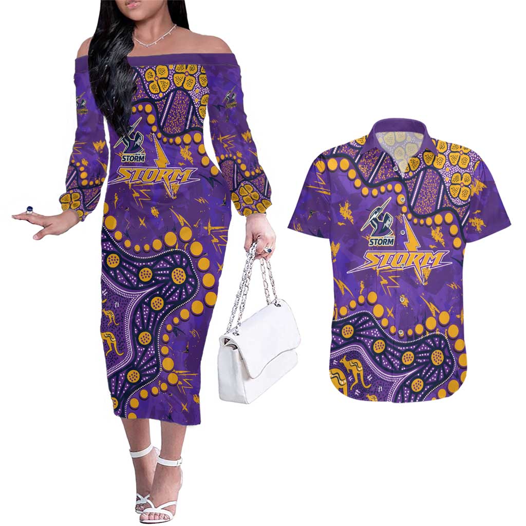 Personalized Melbourne Storm Couples Matching Off The Shoulder Long Sleeve Dress and Hawaiian Shirt Aboriginal Pattern with Graffiti Style Design