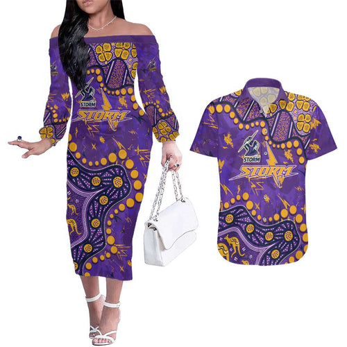 Personalized Melbourne Storm Couples Matching Off The Shoulder Long Sleeve Dress and Hawaiian Shirt Aboriginal Pattern with Graffiti Style Design