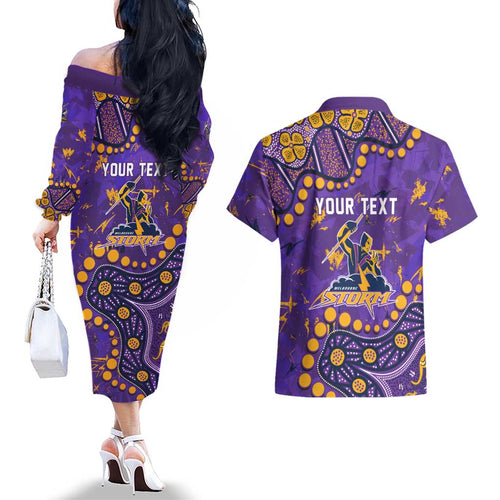 Personalized Melbourne Storm Couples Matching Off The Shoulder Long Sleeve Dress and Hawaiian Shirt Aboriginal Pattern with Graffiti Style Design
