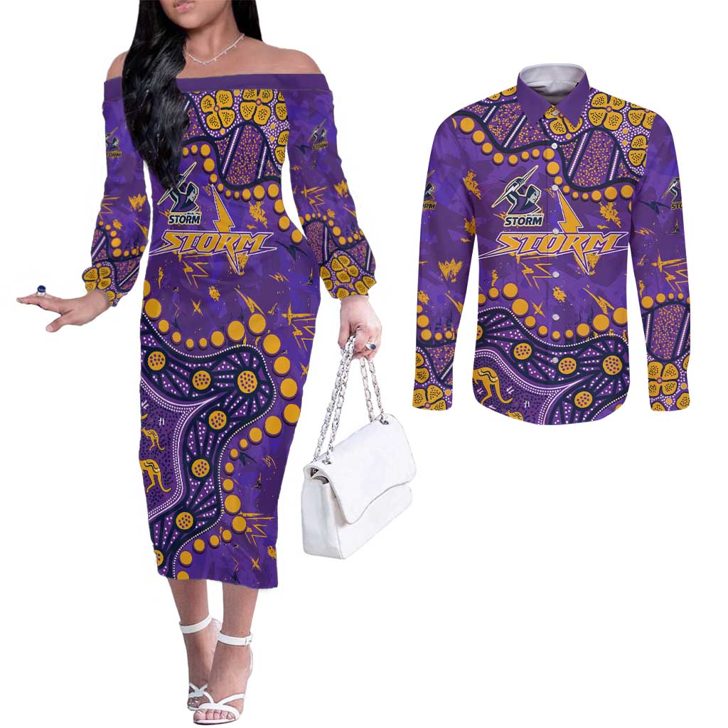 Personalized Melbourne Storm Couples Matching Off The Shoulder Long Sleeve Dress and Long Sleeve Button Shirt Aboriginal Pattern with Graffiti Style Design