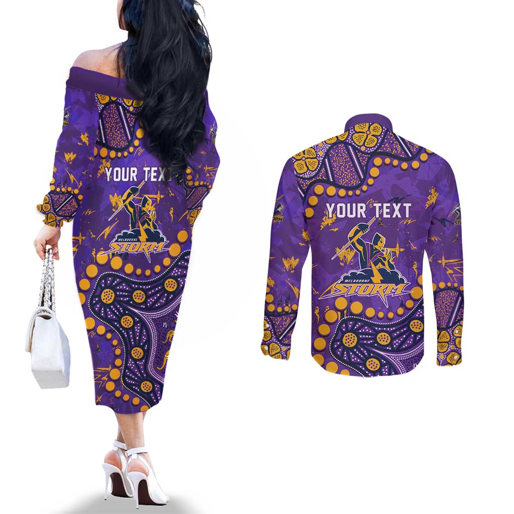 Personalized Melbourne Storm Couples Matching Off The Shoulder Long Sleeve Dress and Long Sleeve Button Shirt Aboriginal Pattern with Graffiti Style Design