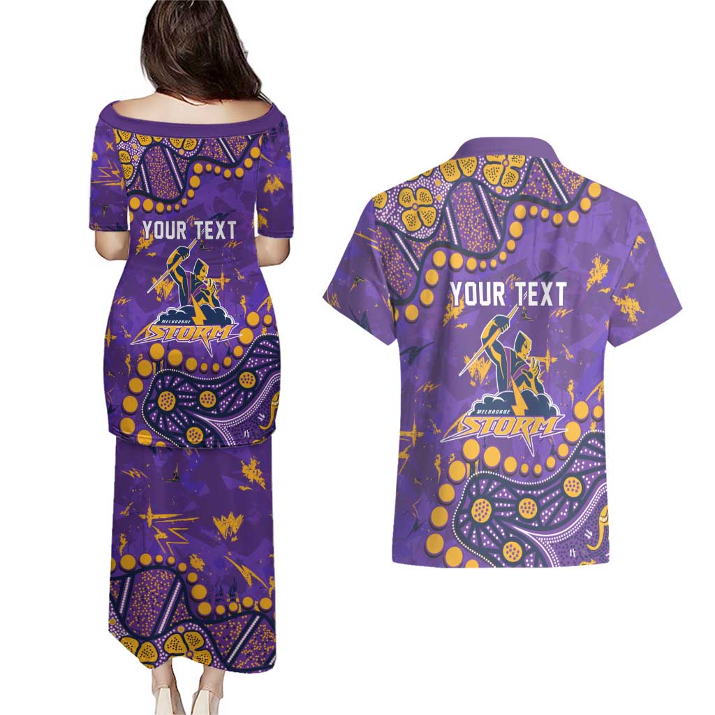 Personalized Melbourne Storm Couples Matching Puletasi and Hawaiian Shirt Aboriginal Pattern with Graffiti Style Design