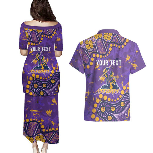 Personalized Melbourne Storm Couples Matching Puletasi and Hawaiian Shirt Aboriginal Pattern with Graffiti Style Design