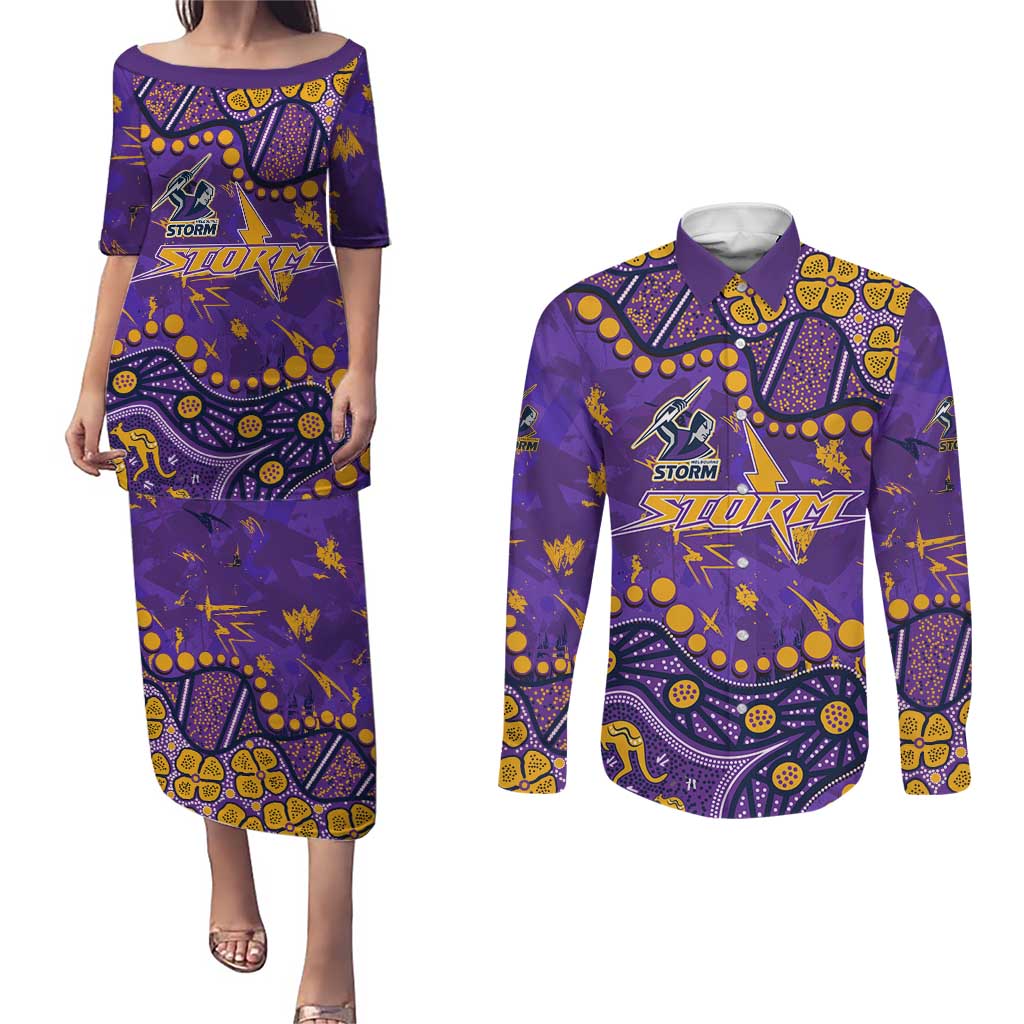 Personalized Melbourne Storm Couples Matching Puletasi and Long Sleeve Button Shirt Aboriginal Pattern with Graffiti Style Design