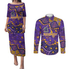 Personalized Melbourne Storm Couples Matching Puletasi and Long Sleeve Button Shirt Aboriginal Pattern with Graffiti Style Design