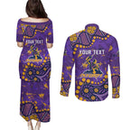 Personalized Melbourne Storm Couples Matching Puletasi and Long Sleeve Button Shirt Aboriginal Pattern with Graffiti Style Design