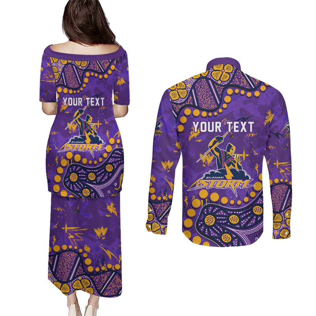 Personalized Melbourne Storm Couples Matching Puletasi and Long Sleeve Button Shirt Aboriginal Pattern with Graffiti Style Design
