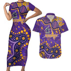 Personalized Melbourne Storm Couples Matching Short Sleeve Bodycon Dress and Hawaiian Shirt Aboriginal Pattern with Graffiti Style Design