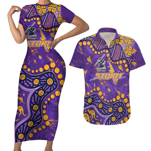 Personalized Melbourne Storm Couples Matching Short Sleeve Bodycon Dress and Hawaiian Shirt Aboriginal Pattern with Graffiti Style Design