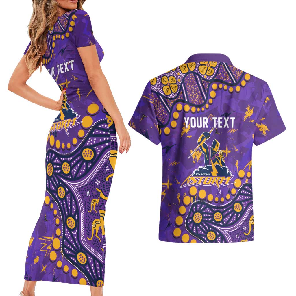 Personalized Melbourne Storm Couples Matching Short Sleeve Bodycon Dress and Hawaiian Shirt Aboriginal Pattern with Graffiti Style Design