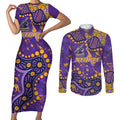 Personalized Melbourne Storm Couples Matching Short Sleeve Bodycon Dress and Long Sleeve Button Shirt Aboriginal Pattern with Graffiti Style Design