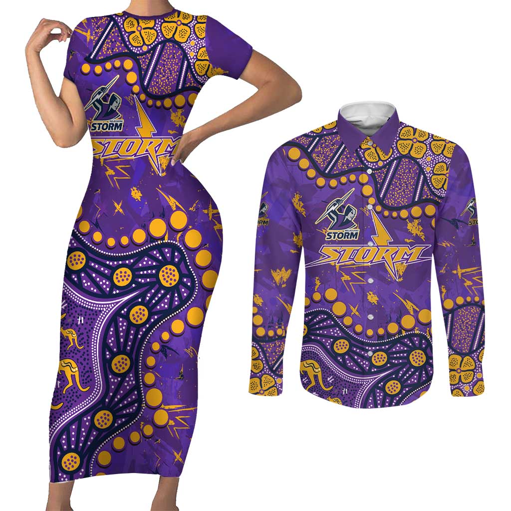 Personalized Melbourne Storm Couples Matching Short Sleeve Bodycon Dress and Long Sleeve Button Shirt Aboriginal Pattern with Graffiti Style Design
