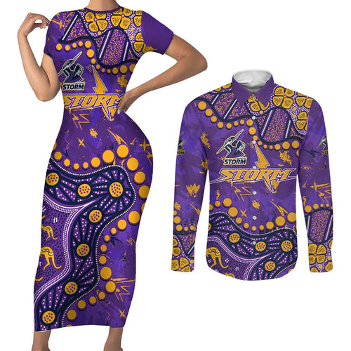 Personalized Melbourne Storm Couples Matching Short Sleeve Bodycon Dress and Long Sleeve Button Shirt Aboriginal Pattern with Graffiti Style Design