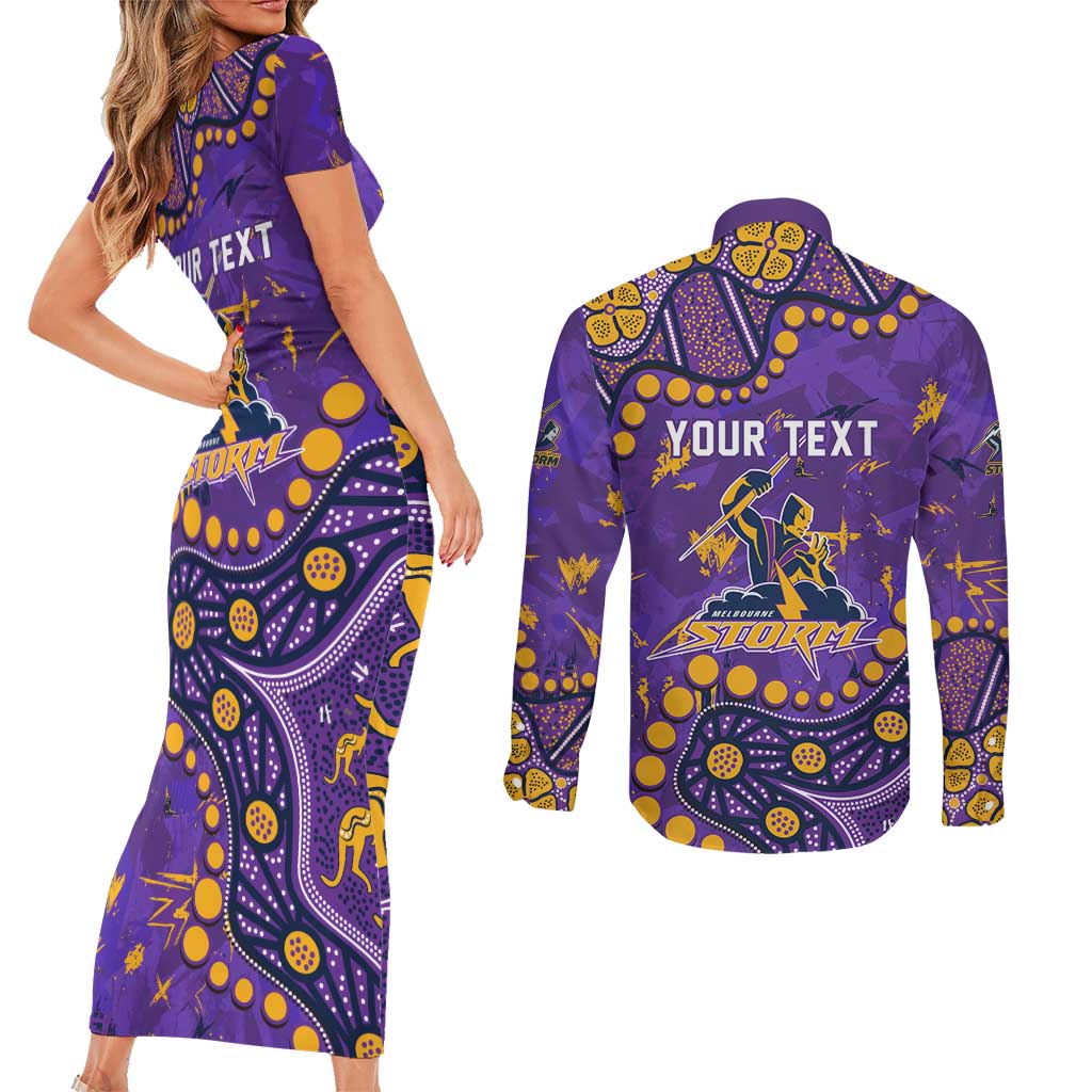 Personalized Melbourne Storm Couples Matching Short Sleeve Bodycon Dress and Long Sleeve Button Shirt Aboriginal Pattern with Graffiti Style Design