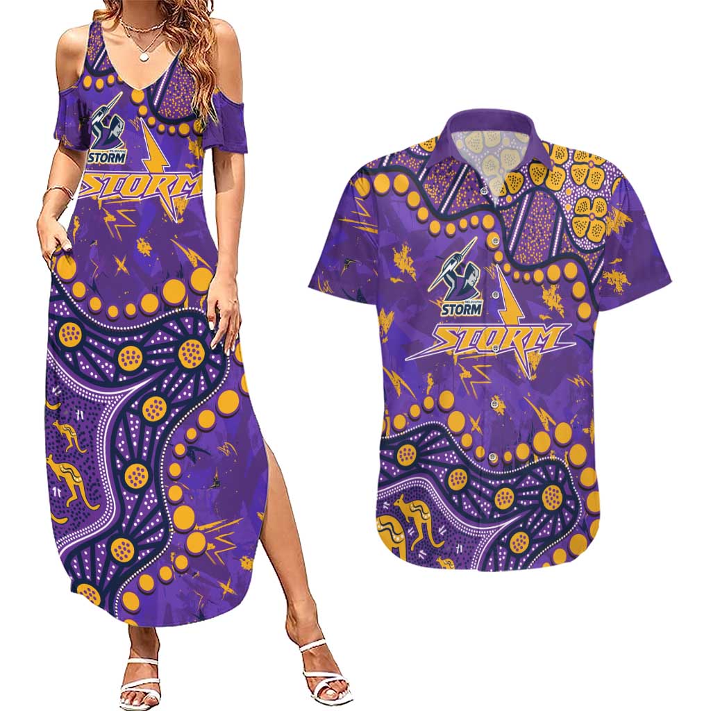 Personalized Melbourne Storm Couples Matching Summer Maxi Dress and Hawaiian Shirt Aboriginal Pattern with Graffiti Style Design