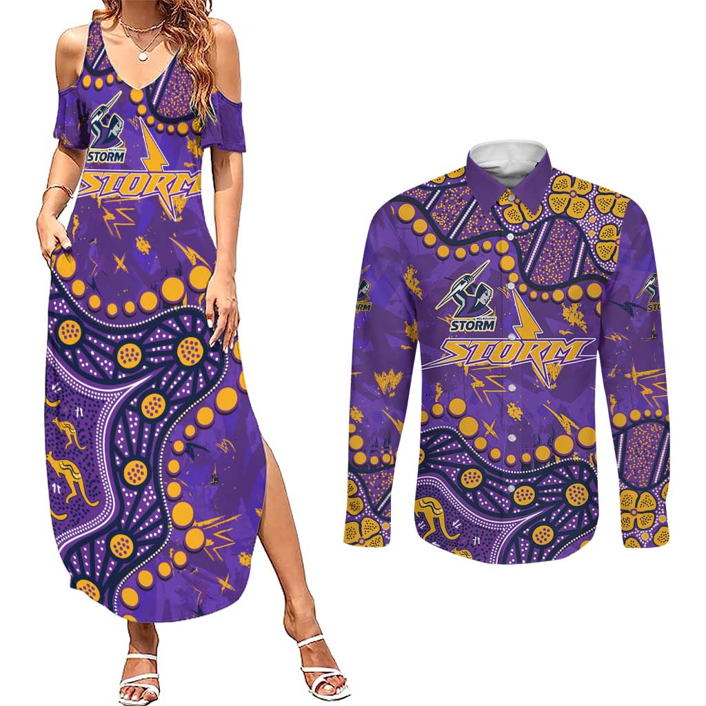 Personalized Melbourne Storm Couples Matching Summer Maxi Dress and Long Sleeve Button Shirt Aboriginal Pattern with Graffiti Style Design