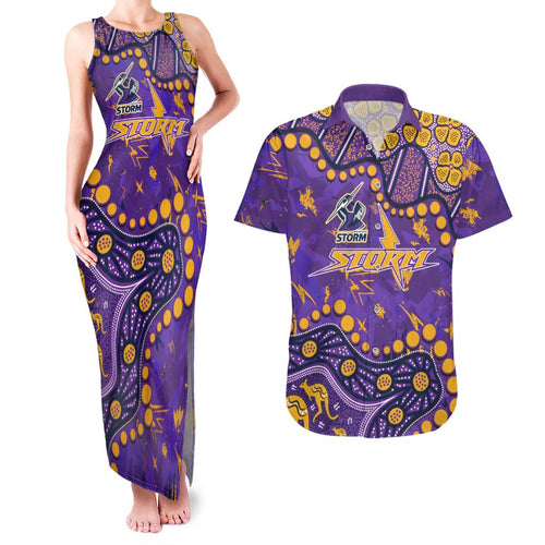 Personalized Melbourne Storm Couples Matching Tank Maxi Dress and Hawaiian Shirt Aboriginal Pattern with Graffiti Style Design