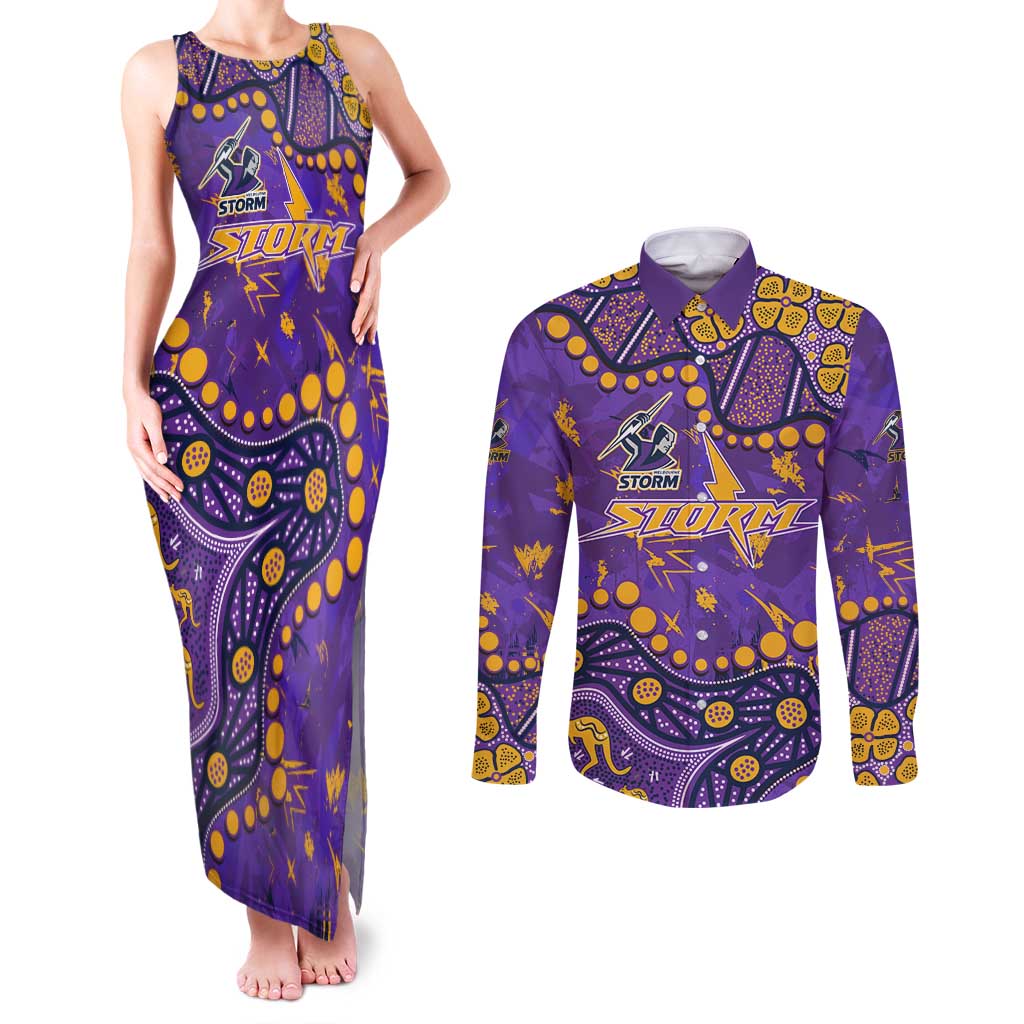 Personalized Melbourne Storm Couples Matching Tank Maxi Dress and Long Sleeve Button Shirt Aboriginal Pattern with Graffiti Style Design