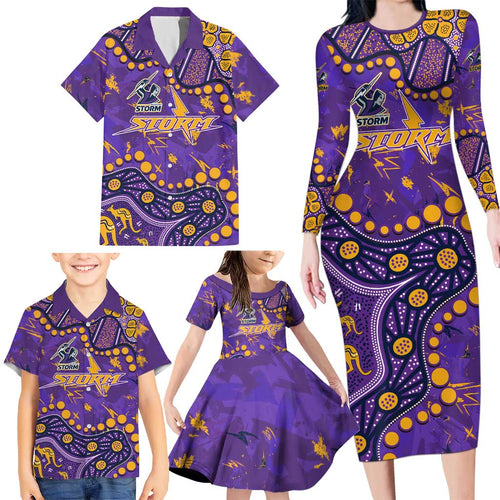Personalized Melbourne Storm Family Matching Long Sleeve Bodycon Dress and Hawaiian Shirt Aboriginal Pattern with Graffiti Style Design