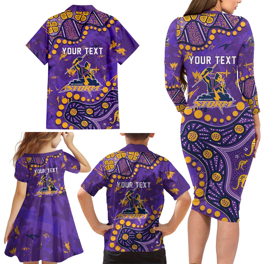 Personalized Melbourne Storm Family Matching Long Sleeve Bodycon Dress and Hawaiian Shirt Aboriginal Pattern with Graffiti Style Design