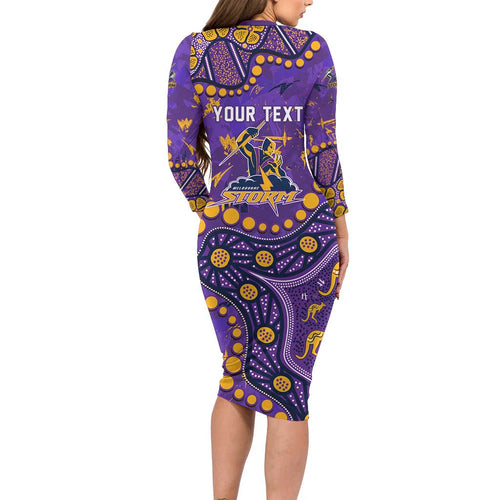 Personalized Melbourne Storm Family Matching Long Sleeve Bodycon Dress and Hawaiian Shirt Aboriginal Pattern with Graffiti Style Design