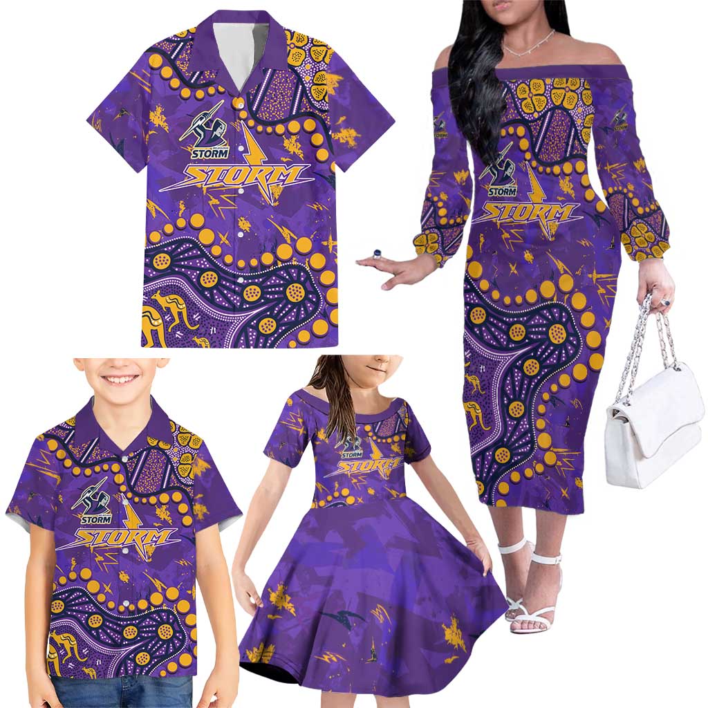 Personalized Melbourne Storm Family Matching Off The Shoulder Long Sleeve Dress and Hawaiian Shirt Aboriginal Pattern with Graffiti Style Design