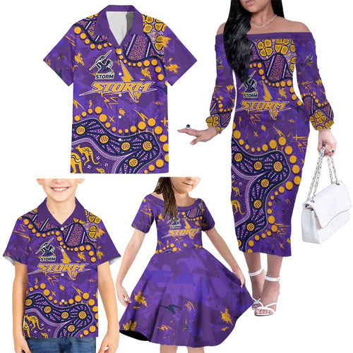 Personalized Melbourne Storm Family Matching Off The Shoulder Long Sleeve Dress and Hawaiian Shirt Aboriginal Pattern with Graffiti Style Design
