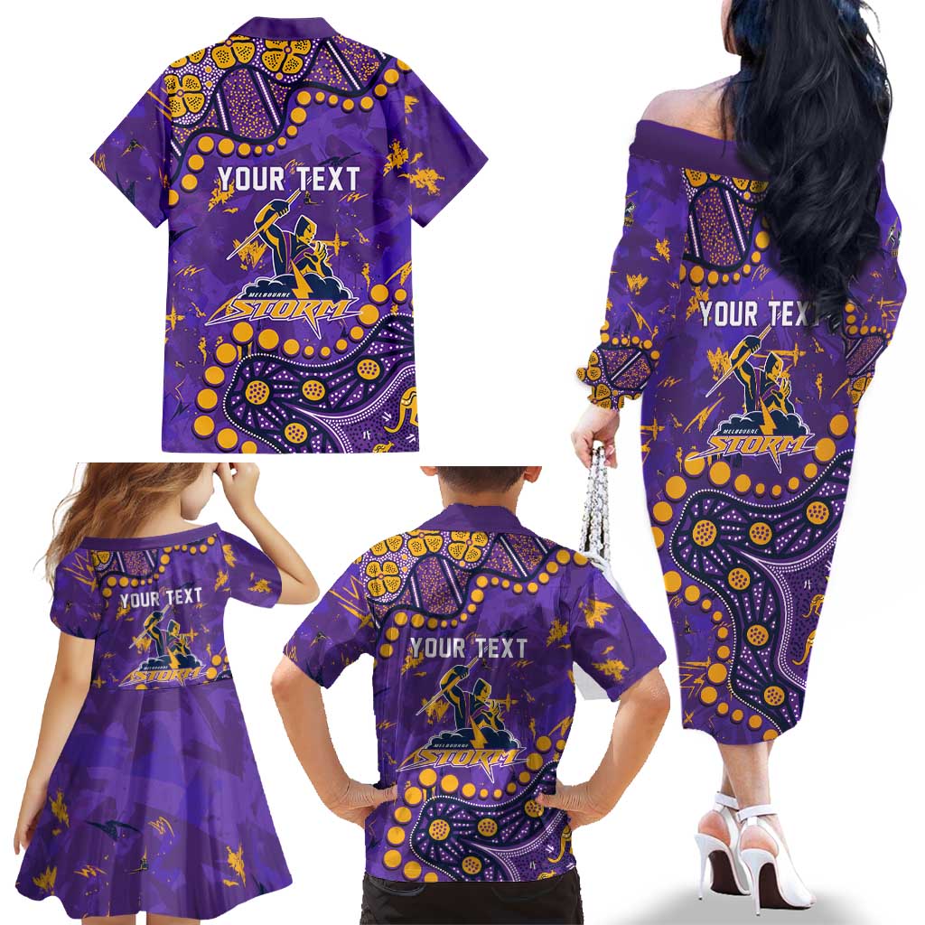 Personalized Melbourne Storm Family Matching Off The Shoulder Long Sleeve Dress and Hawaiian Shirt Aboriginal Pattern with Graffiti Style Design