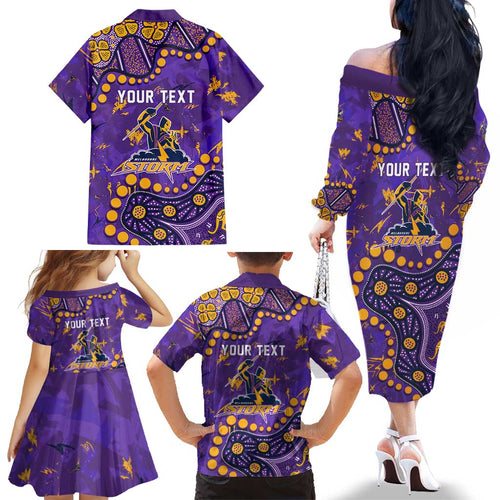 Personalized Melbourne Storm Family Matching Off The Shoulder Long Sleeve Dress and Hawaiian Shirt Aboriginal Pattern with Graffiti Style Design