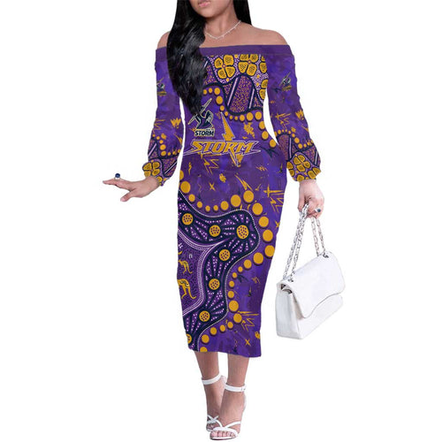 Personalized Melbourne Storm Family Matching Off The Shoulder Long Sleeve Dress and Hawaiian Shirt Aboriginal Pattern with Graffiti Style Design