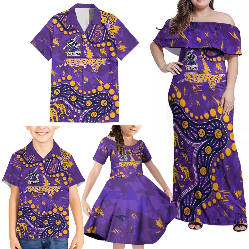 Personalized Melbourne Storm Family Matching Off Shoulder Maxi Dress and Hawaiian Shirt Aboriginal Pattern with Graffiti Style Design