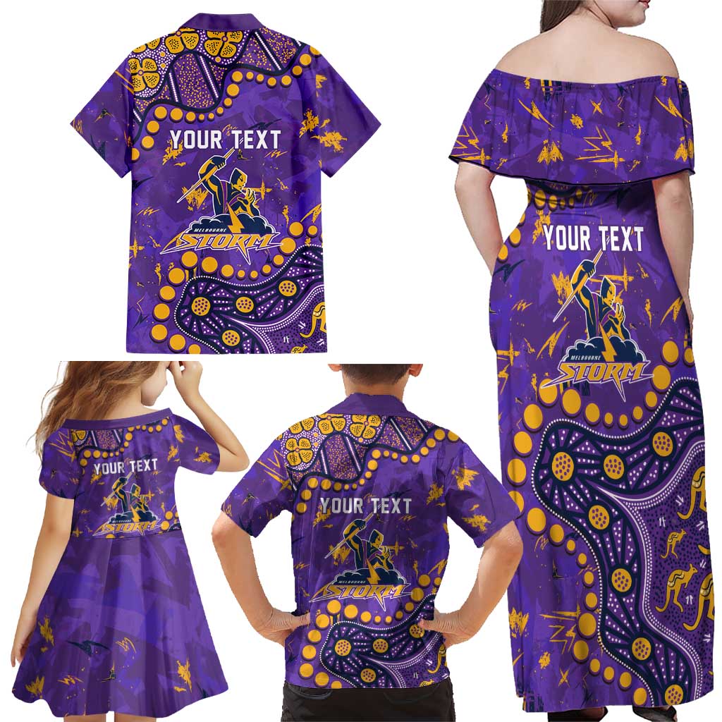Personalized Melbourne Storm Family Matching Off Shoulder Maxi Dress and Hawaiian Shirt Aboriginal Pattern with Graffiti Style Design