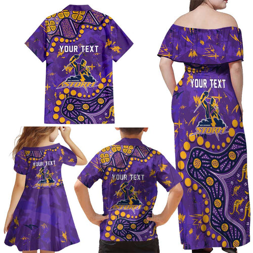 Personalized Melbourne Storm Family Matching Off Shoulder Maxi Dress and Hawaiian Shirt Aboriginal Pattern with Graffiti Style Design