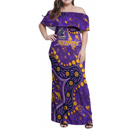 Personalized Melbourne Storm Family Matching Off Shoulder Maxi Dress and Hawaiian Shirt Aboriginal Pattern with Graffiti Style Design