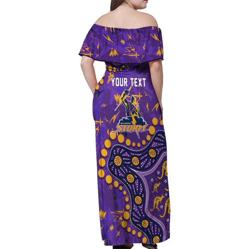 Personalized Melbourne Storm Family Matching Off Shoulder Maxi Dress and Hawaiian Shirt Aboriginal Pattern with Graffiti Style Design