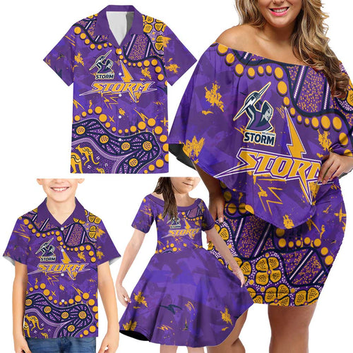 Personalized Melbourne Storm Family Matching Off Shoulder Short Dress and Hawaiian Shirt Aboriginal Pattern with Graffiti Style Design