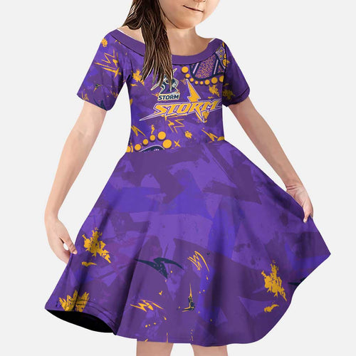 Personalized Melbourne Storm Family Matching Off Shoulder Short Dress and Hawaiian Shirt Aboriginal Pattern with Graffiti Style Design