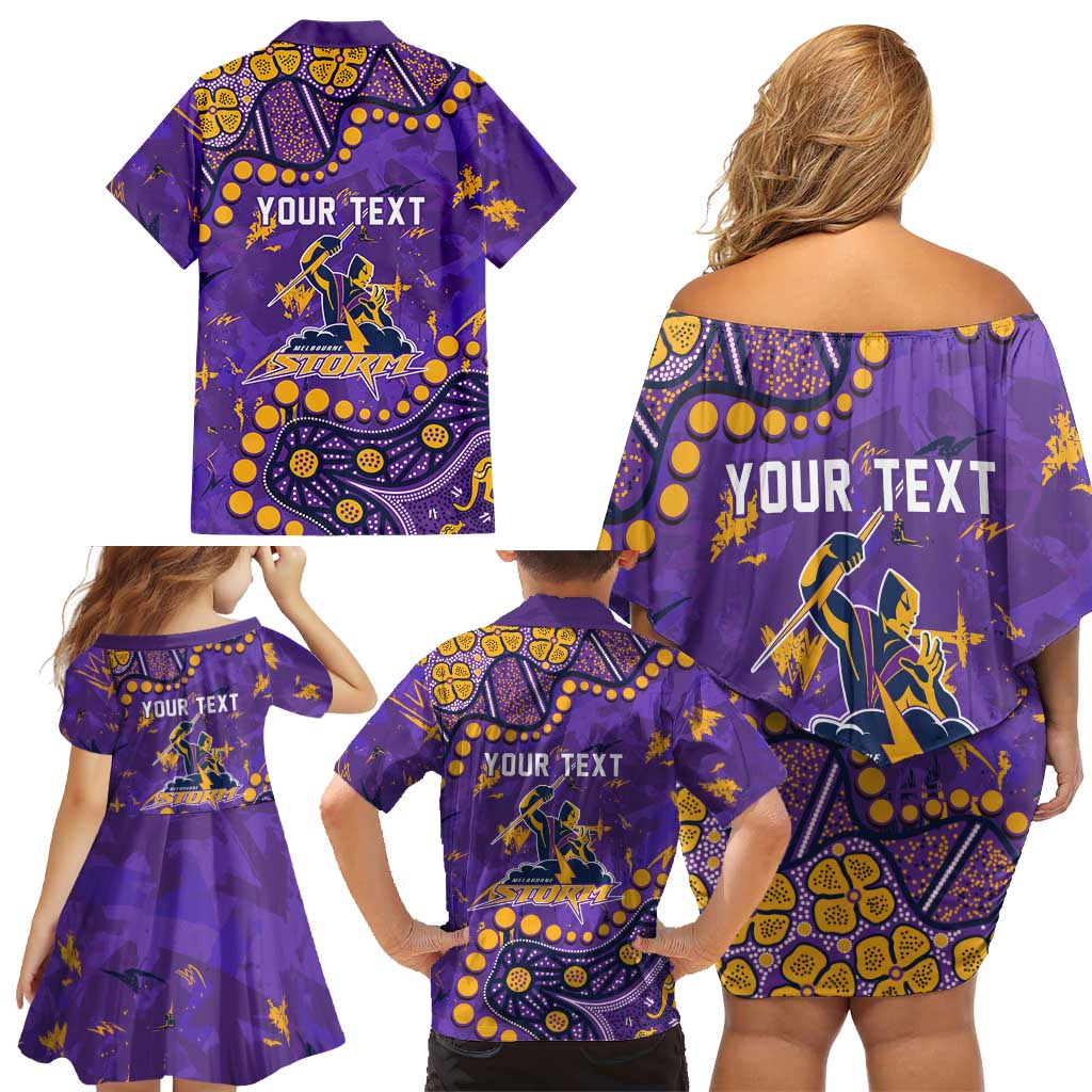 Personalized Melbourne Storm Family Matching Off Shoulder Short Dress and Hawaiian Shirt Aboriginal Pattern with Graffiti Style Design
