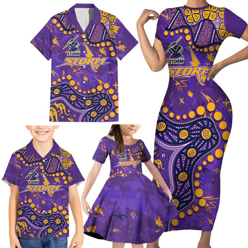Personalized Melbourne Storm Family Matching Short Sleeve Bodycon Dress and Hawaiian Shirt Aboriginal Pattern with Graffiti Style Design