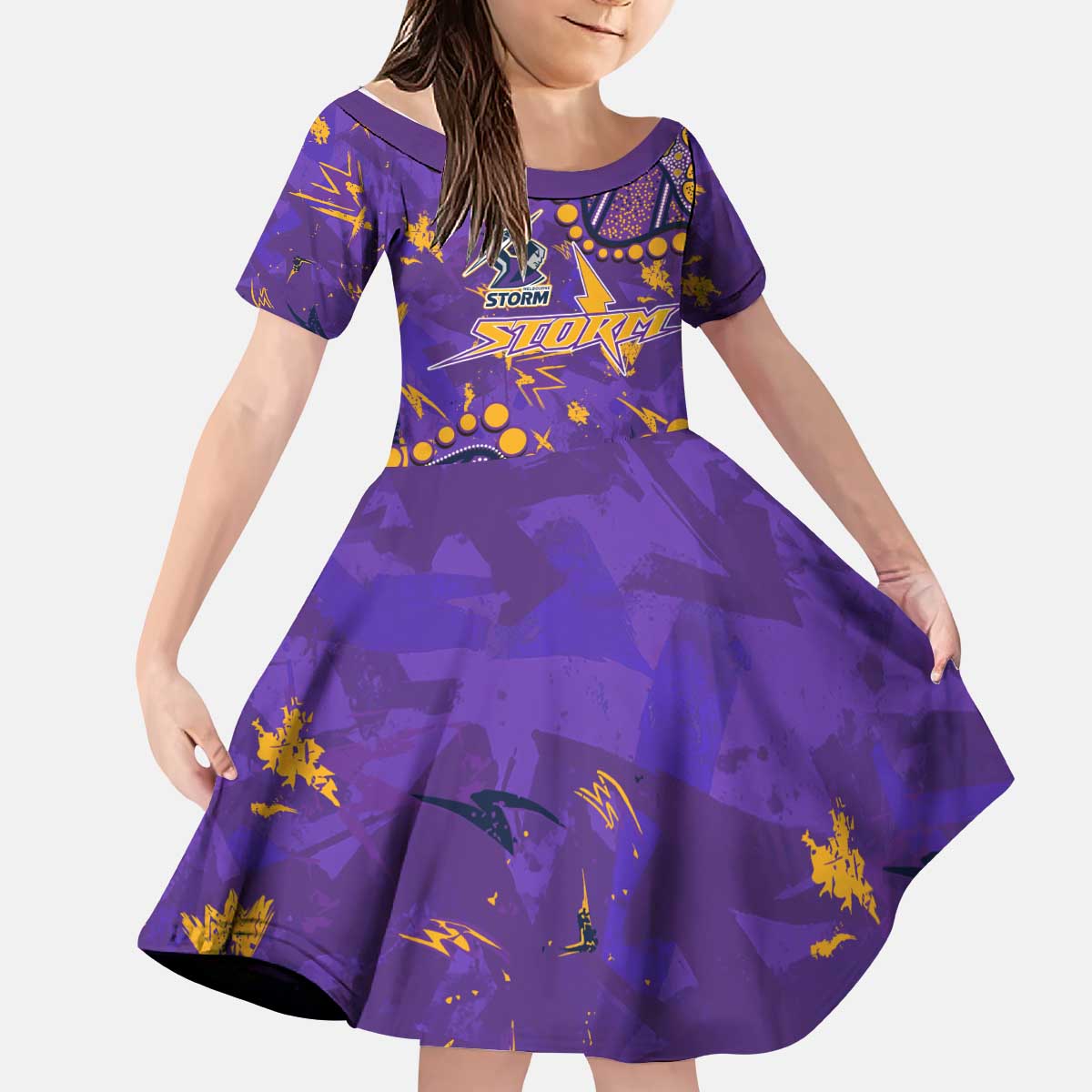 Personalized Melbourne Storm Kid Short Sleeve Dress Aboriginal Pattern with Graffiti Style Design