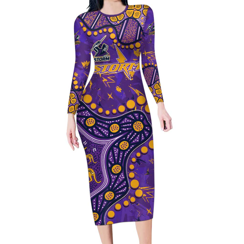 Personalized Melbourne Storm Long Sleeve Bodycon Dress Aboriginal Pattern with Graffiti Style Design