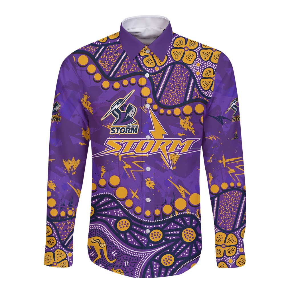 Personalized Melbourne Storm Long Sleeve Button Shirt Aboriginal Pattern with Graffiti Style Design