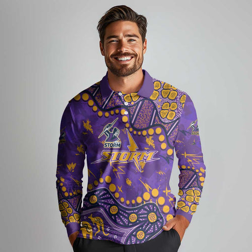 Personalized Melbourne Storm Long Sleeve Polo Shirt Aboriginal Pattern with Graffiti Style Design