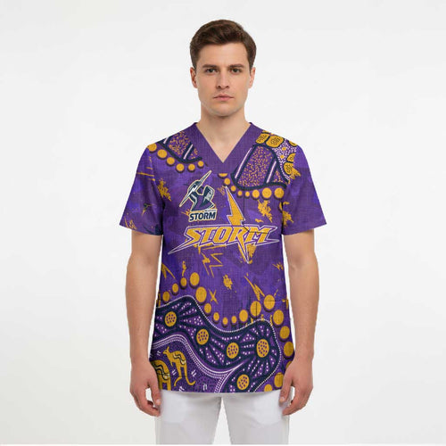 Personalized Melbourne Storm Scrub Top Aboriginal Pattern with Graffiti Style Design