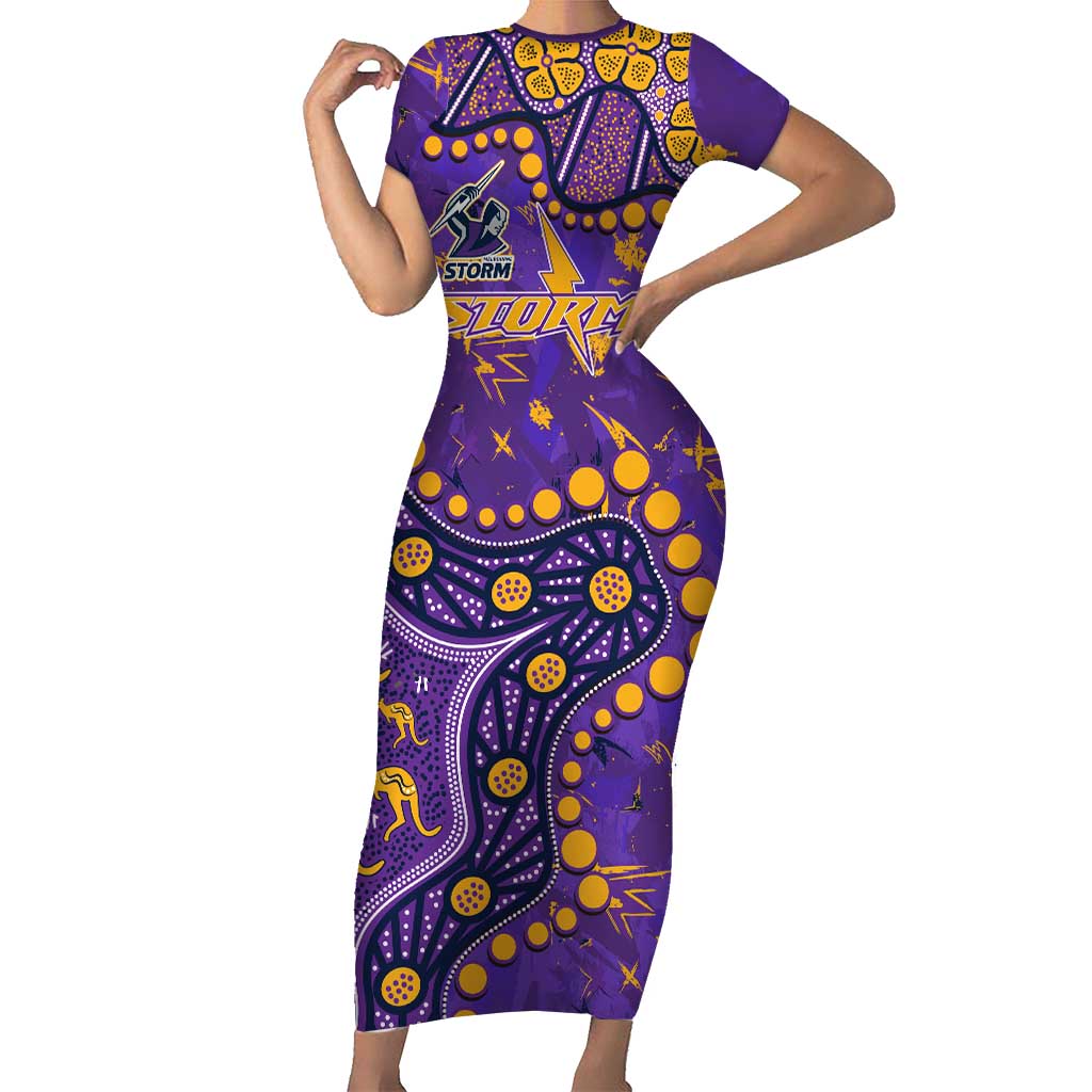 Personalized Melbourne Storm Short Sleeve Bodycon Dress Aboriginal Pattern with Graffiti Style Design
