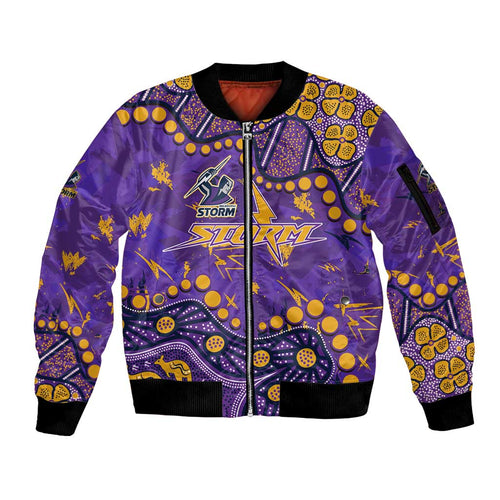 Personalized Melbourne Storm Sleeve Zip Bomber Jacket Aboriginal Pattern with Graffiti Style Design