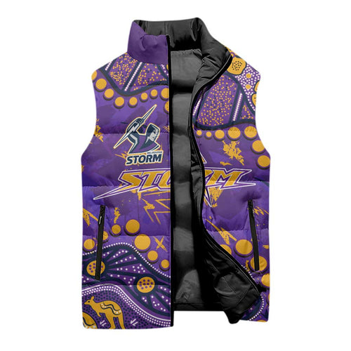 Personalized Melbourne Storm Sleeveless Puffer Jacket Aboriginal Pattern with Graffiti Style Design