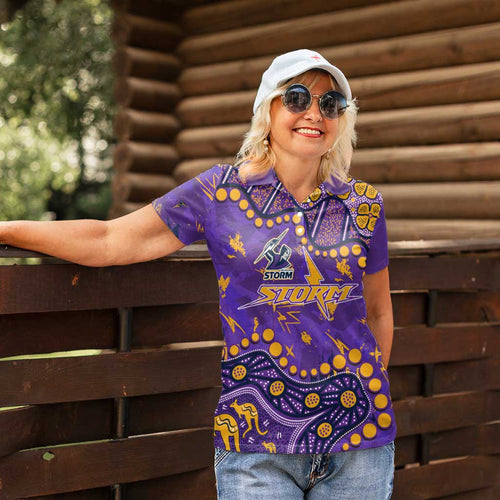 Personalized Melbourne Storm Women Polo Shirt Aboriginal Pattern with Graffiti Style Design
