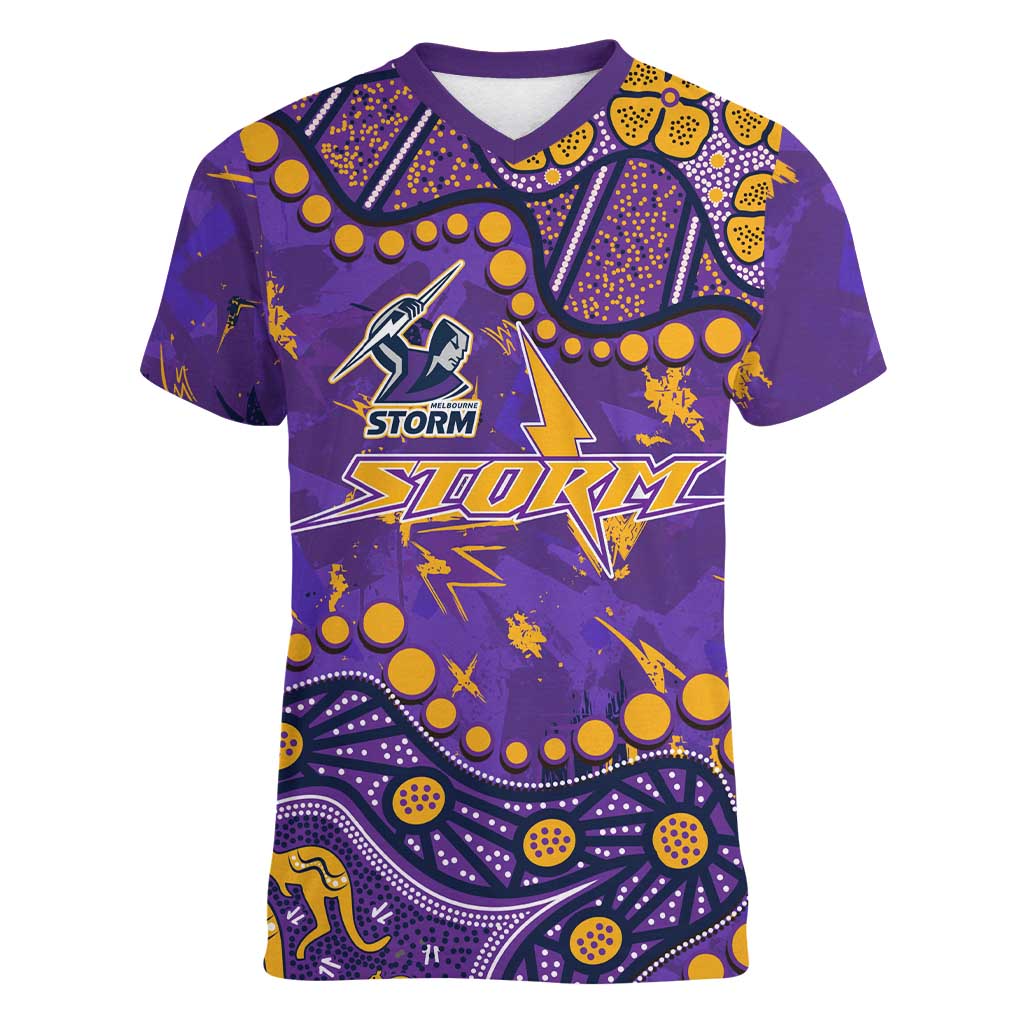 Personalized Melbourne Storm Women V-Neck T-Shirt Aboriginal Pattern with Graffiti Style Design